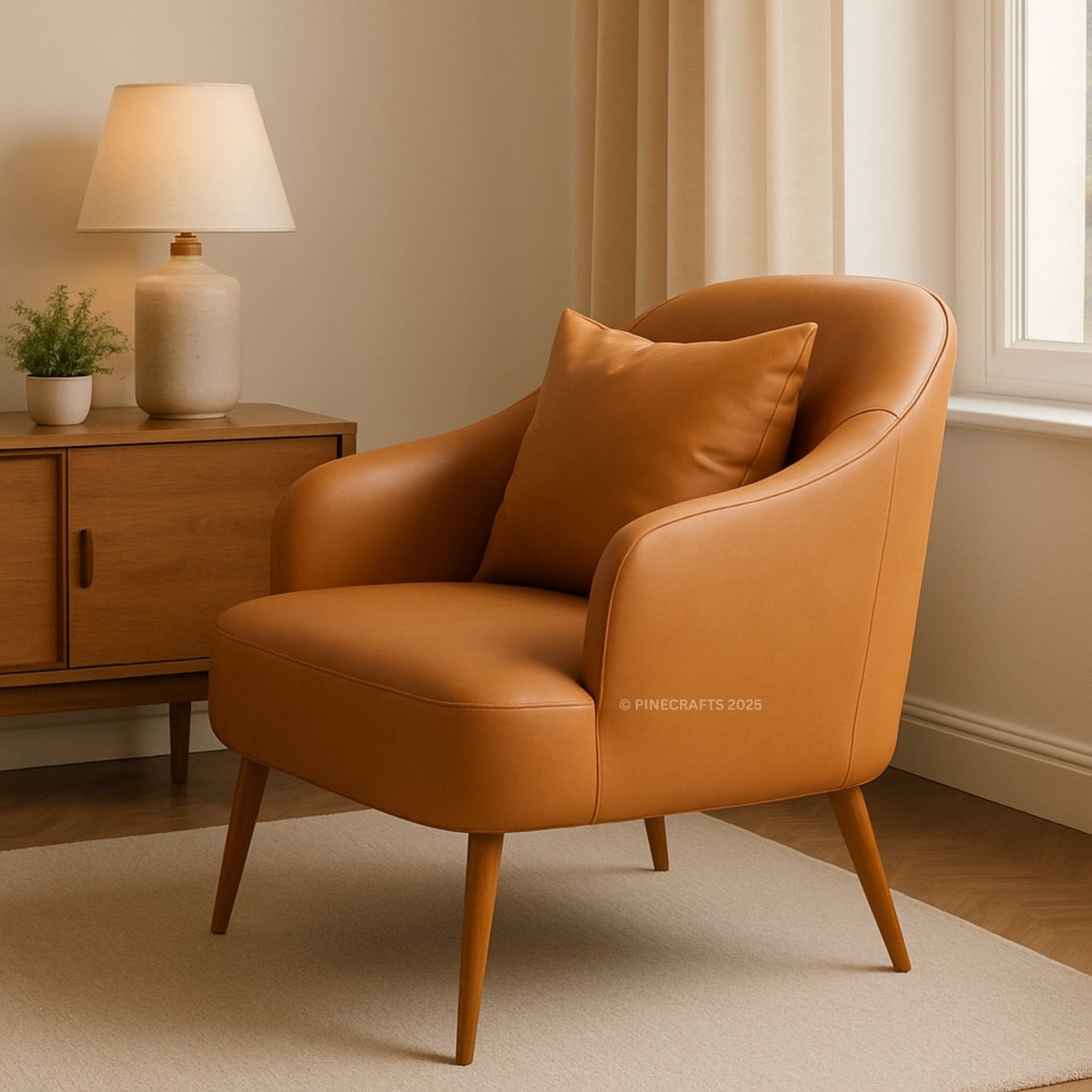 Brown leather armchair in a room with a wooden side table and lamp.